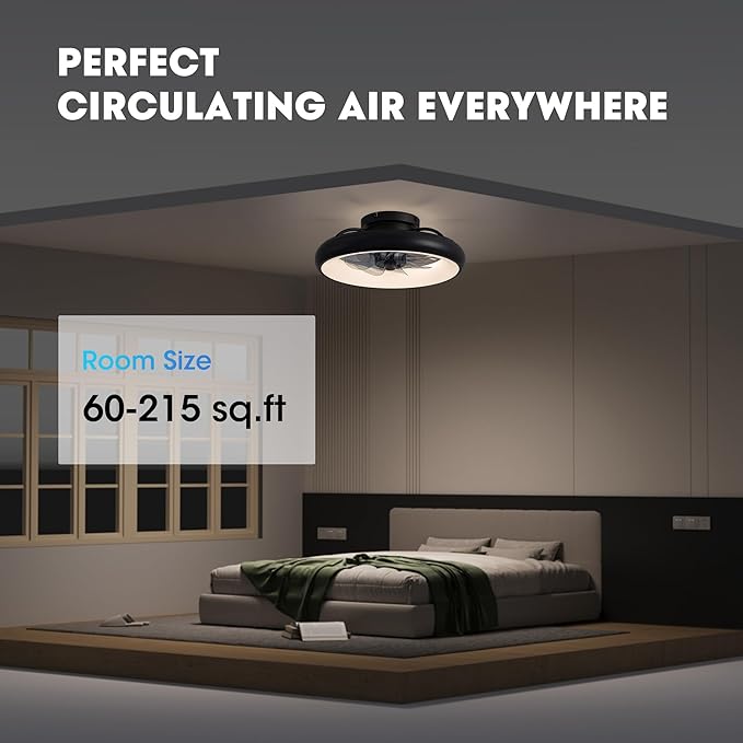 Ceiling Fan with Lights, 15" Flush Mount, Black Low Profile with 6 Wind Speeds, Smart Dimmable LED for Bedroom, Living Room