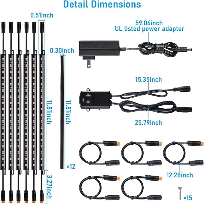 TORCHSTAR LED Safe Lighting Kit 3CCT, (6) 12 Inch Linkable Light Bars, Motion Sensor, 3000K/4000K/5000K Selectable, 900LM Safe Light Kit for Gun Safe Under Cabinet Locker Closet, UL Power Adapter