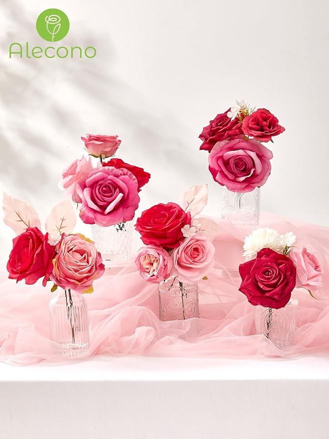 Alecono Artificial Flowers, Hot Pink Fake Flowers Combo Box with Stems for DIY Wedding Bridal Bouquets, Cake Home Decor Indoor Outdoor