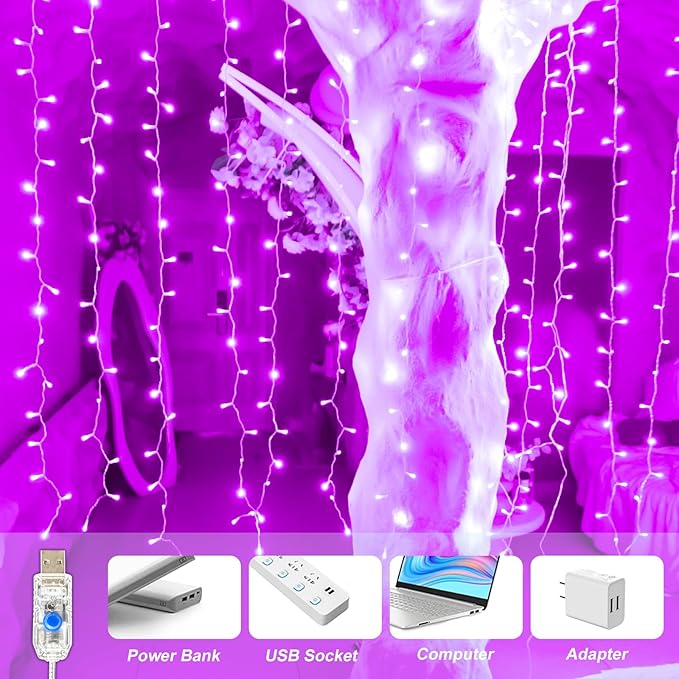 Curtain Light for Bedroom, 200LED 6.6x6.6ft Pink Window Wall Hanging Fairy Curtain String Light, 8 Modes Remote Fairy String Lights Indoor for Wedding Party Home Garden Decorations