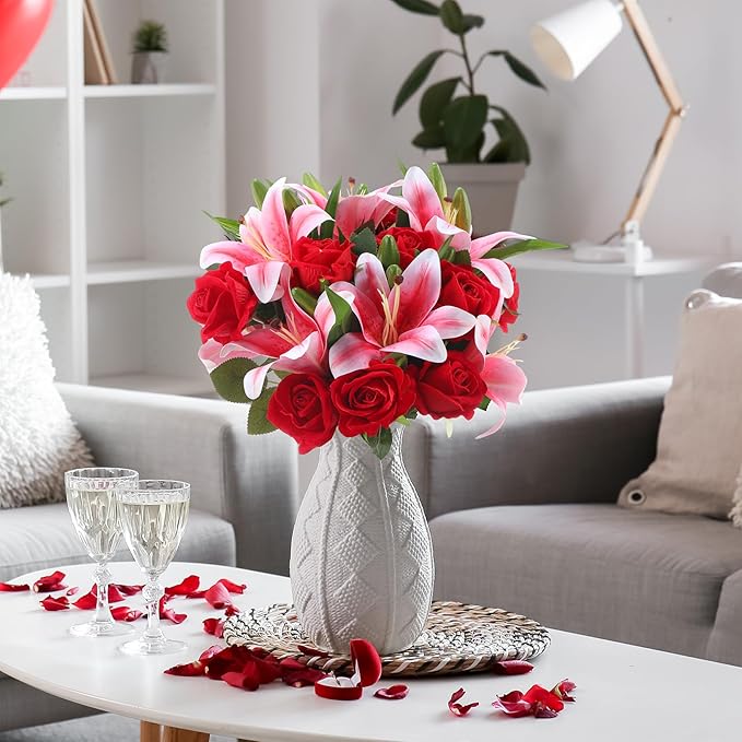 Hotop 20 Pcs Artificial Flowers Velvet Realistic Roses and Latex Lilies Flowers Bouquet Decorations Arrangements for Home Table Centerpieces Independence Day(Pink, Red)