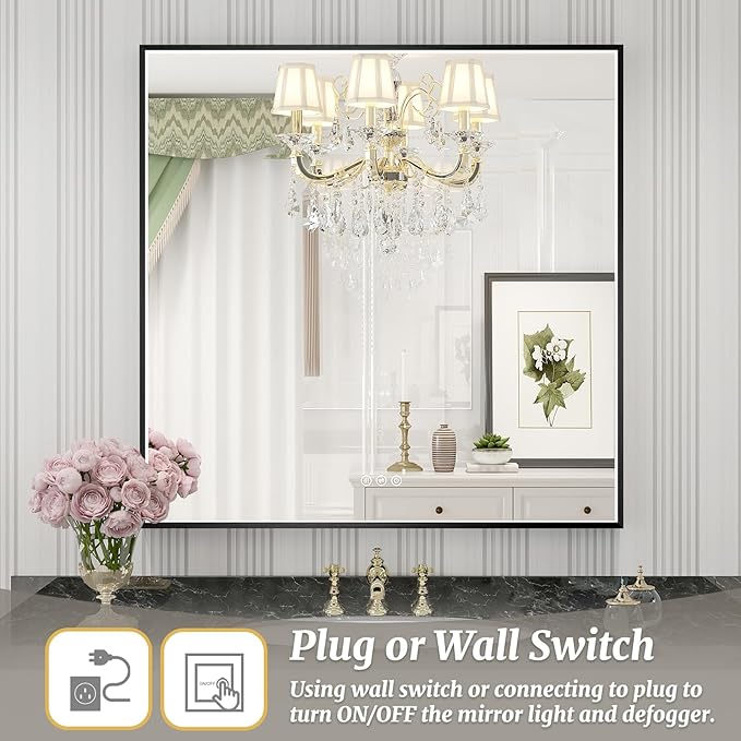 32x32 Inch LED Bathroom Mirror, Black Metal Framed Lighted Mirror for Bathroom, Wall Mouted LED Vanity Mirror with Lights, 3 Colors and Stepless Dimmable, Anti-Fog, Memory