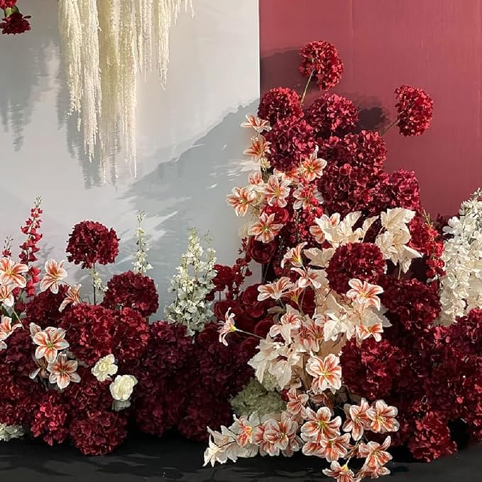 WEISPARK 100PCS Artificial Hydrangea Flowers, Fake Flowers Silk Hydrangea Full Flowers Heads with Stems for Wedding Home Party Shop Baby Shower Decor (Burgundy)