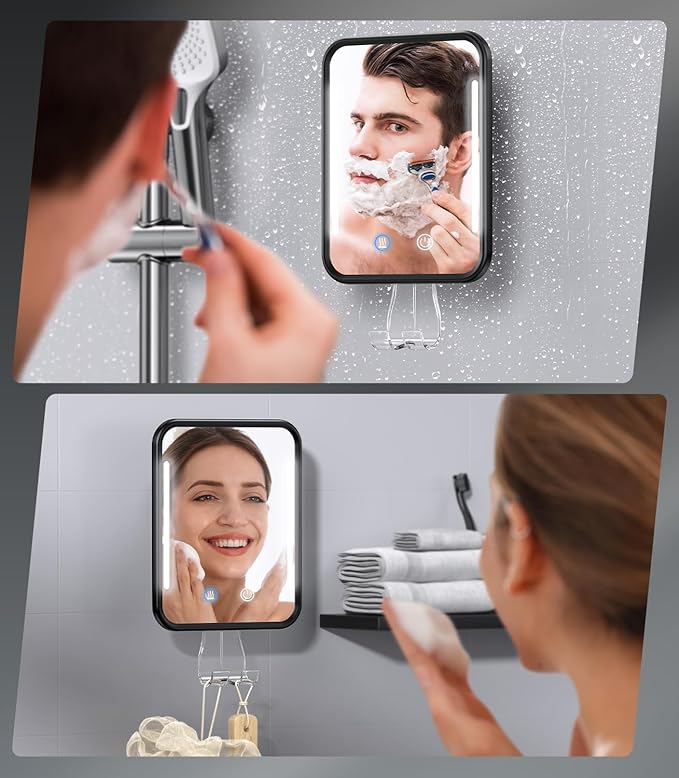 Gospire Heated Shower Mirror Fogless for Shaving with Light, 5000mAh Rechargeable Battery, Detachable Suction Cup and Razor Holder for Wall, NO-Drilling, Removable, Waterproof for Bathroom - Black