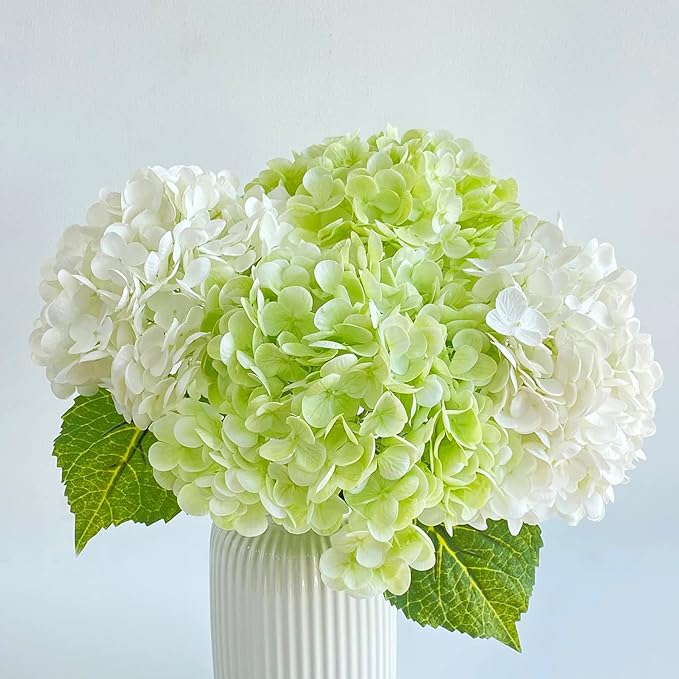 YalzoneMet Artificial Hydrangea Flowers 4 Pcs 2 White 2 Light Green 21 inch Long Rod Real Touch Lifelike Fake Latex Hydrangea Flowers for Home Party Outdoor Wedding Gifts Christmas Table Decoration