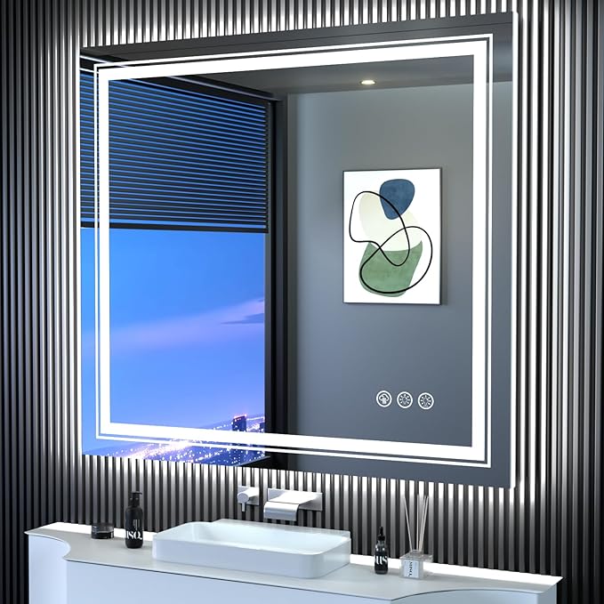 LED Mirror for Bathroom, 40"X36" with 8 RGB Backlit +3 Front Lit (Adjustable Individually), Anti-Fog, Lighted Bathroom Vanity Mirror for Wall, Shatterproof, Memory Function, Tempered Glass