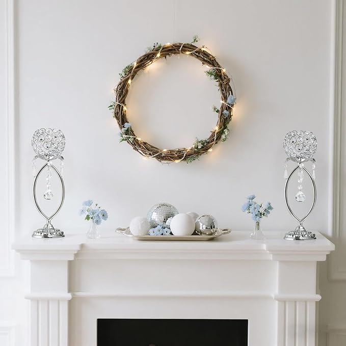 2 Pcs Silver Elegant Metal Crystal Tea Light Candle Holders with Crystal Pendants, Hollow Design - Wedding Table Centerpieces for Anniversary Birthday Party, Home Decor