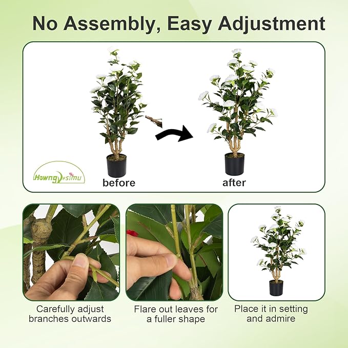 Artificial Camellia Tree 2 Pack, 38’’ Faux Camellia Plant in Pot with White Flowers, Greenery Potted Plant for Indoor Outdoor Office Home Porch Decor, White