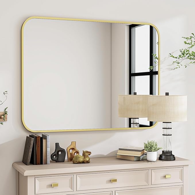 BEAUTYPEAK Gold Rectangular Bathroom Mirror - 30" x 40" Wall Mounted Aluminum Alloy Frame Mirror with Rounded Corners for Bedroom Living Room, Horizontal or Vertical