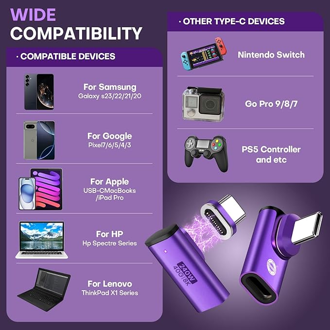 Right Angle USB C Male to USB C Female Magnetic Adapter 2 Pack 24 PIN 40Gbps PD 240W 90 Degree OTG Magnet Charger 8K Video for USB 4 Steam Deck ROG Ally Switch PC Tablet iPhone (Purple)