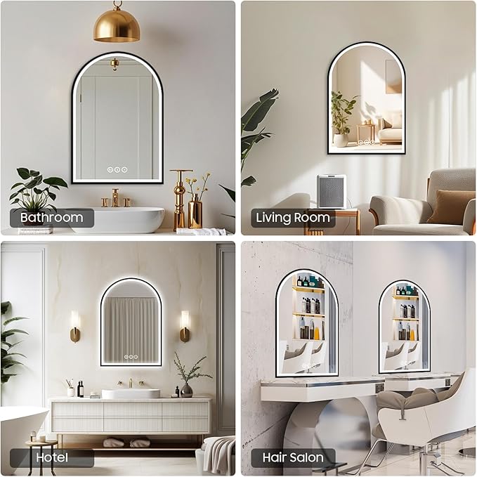Arch Vanity Mirror with Lights, 24x36 Inch Led Mirror for Bathroom, Wall-Mounted Mirror with Anti-Fog, Memory Function, 3 Color Temperature, Dimmable Led Bathroom Mirror