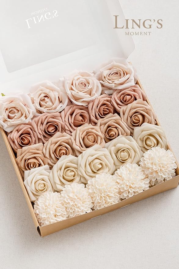 Ling's Moment Artificial Flowers Fake Silk Roses Faux Foam Dahlia Combo for DIY Wedding Bouquets Centerpieces Arrangements Bridal Shower Party Home Decorations, Morandi Peach & Cream, 24pcs