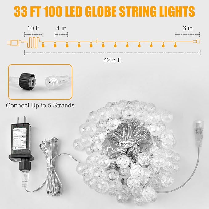 Minetom Globe String Lights - Plug in 33 ft 100 LED Crystal Globe Fairy Lights with 8 Lighting Modes and Remote for Patio Yard Porch Garden Pool Tent Beach Bedroom Wedding Party Decor, Warm White