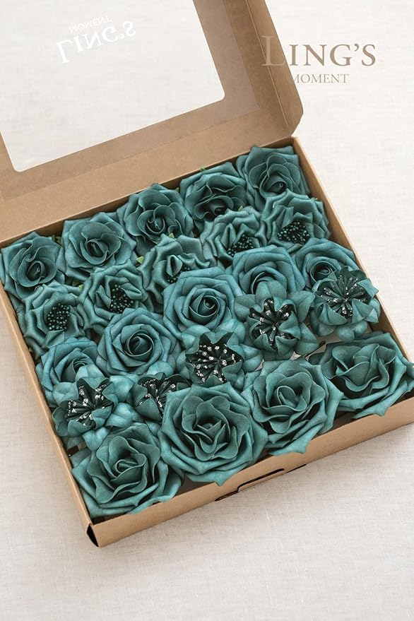 Ling's Moment Artificial Flowers Fake Roses Faux Foam Flower Combo for DIY Wedding Bouquets Centerpieces Arrangements Bridal Shower Party Home Decorations, Dark Teal, 24pcs