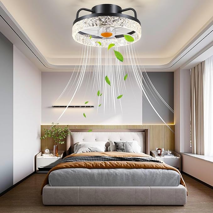 13" Ceiling Fans with Lights and Remote - Flush Mount Low Profile Ceiling Fans - Bladeless Enclosed Fans with Led Light and Stepless Dimming, Small Modern Fan for Bedroom