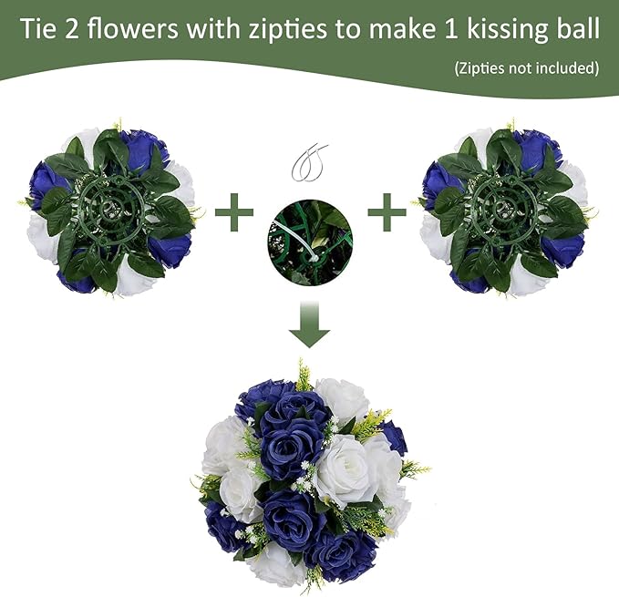 10Pcs Fake Flower Ball Arrangement Bouquet, 9.5" 15 Heads Plastic Roses with Base,Suitable for Parties Valentine's Day Wedding Centerpiece Flower Rack and Home Décor (Navy Blue & White)