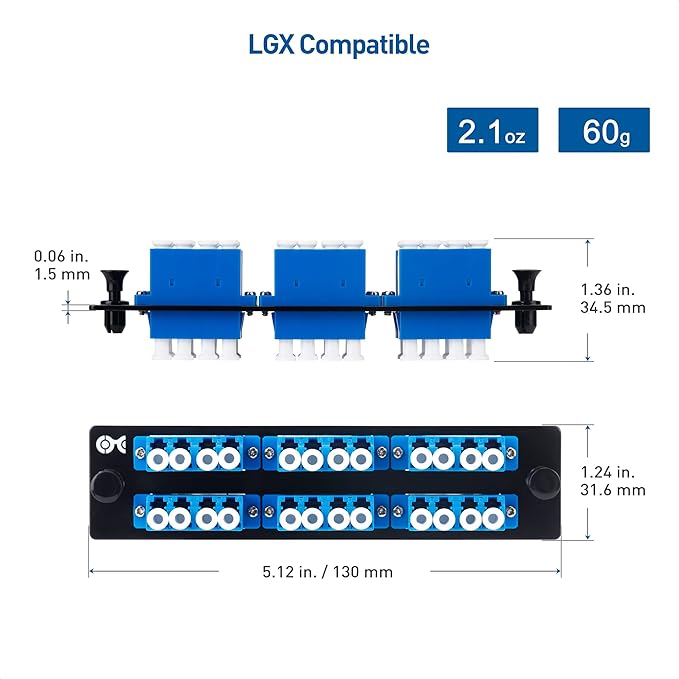 Cable Matters 24 Fibers LC to LC OS2 Single Mode Fiber Patch Panel with 6 x LCLC UPC Quad Fiber Optic Adapters - LGX Compatible