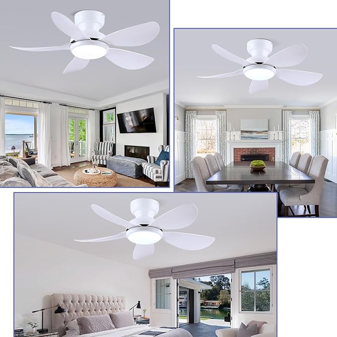 36 Inch Modern Ceiling Fans with Lights, Small Flush Mount Ceiling Fan with Light and Remote/APP Control, 5 Reversible 6 Speeds Curved Blades, 3 CCT Dimmable Lights for Bedroom, White