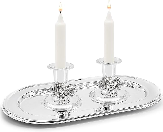 The Dreidel Company Shabbat Candlesticks Candle Holders Silver Plated, Grape Design 2 Candlesticks (1 Set)