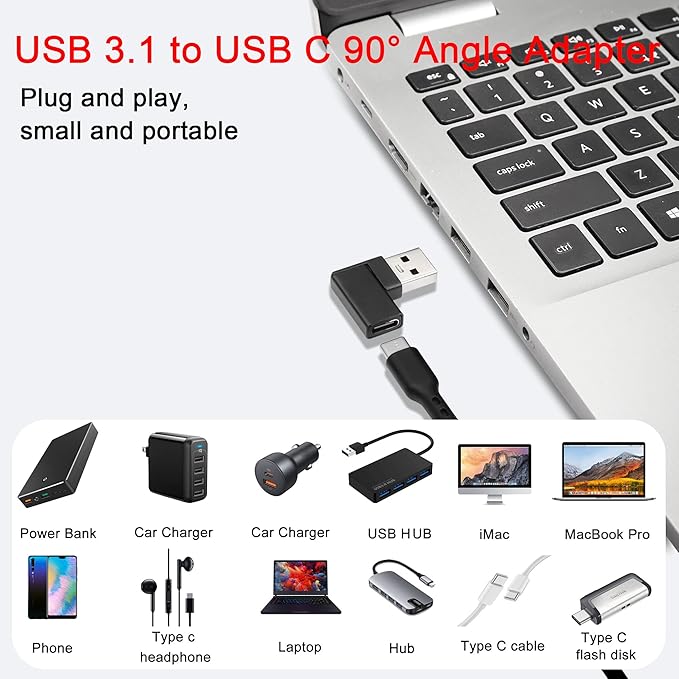QIANRENON USB 3.1 to USB C 90 Angle Adapter 10Gbps USB A Male to Type C Female Left Angle Coupler Data Transfer L-Shaped Connector for PC Laptop Tablet, 2Pcs (Left Lateral Bend)
