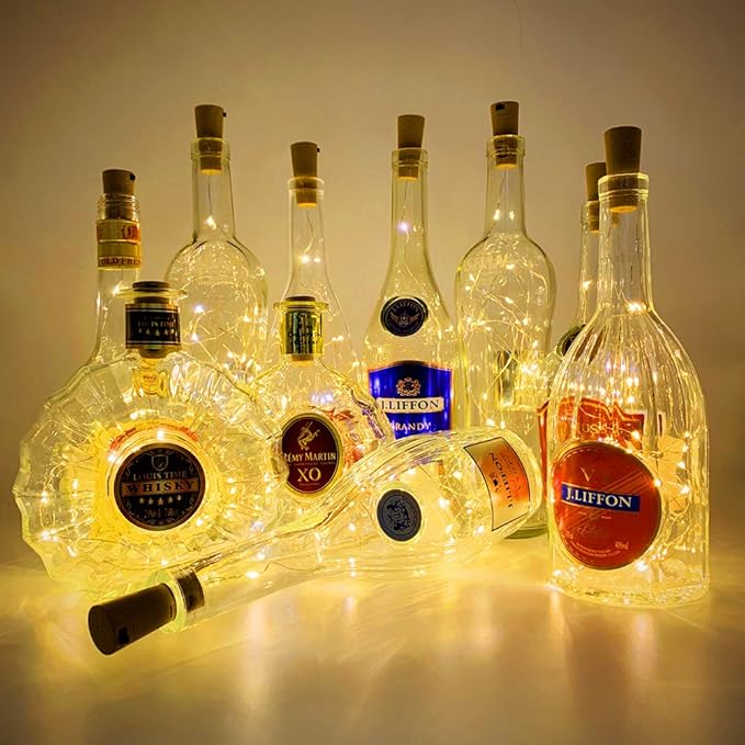 MUMUXI 10 Pack Bottle Lights with Cork Switch, 3.3ft 20 LED Warm White String Lights, Universal Fit for Wine and Liquor Bottles, Ideal for Christmas, Indoor and Outdoor Decoration, Easy to Use
