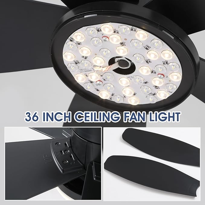 Ceiling Fans with Lights-36 Low Profile Ceiling Fan with Light and Remote/APP Control,Flush Mount,DC Reversible,LED Dimmable Blakc Ceiling Fans for Bedroom,Indoor/Outdoor Patio Use