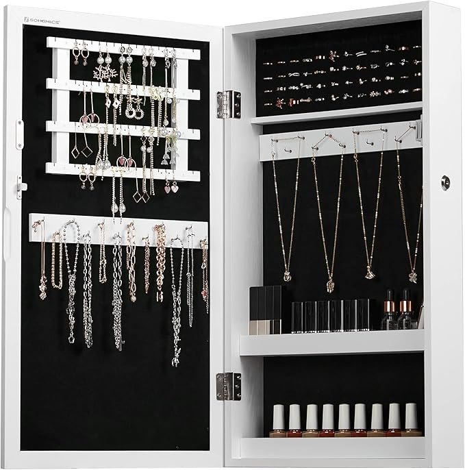 SONGMICS Lockable Jewelry Cabinet Armoire with Mirror, Wall-Mounted Space Saving Jewelry Storage Organizer, Christmas Gift, White UJJC51WT