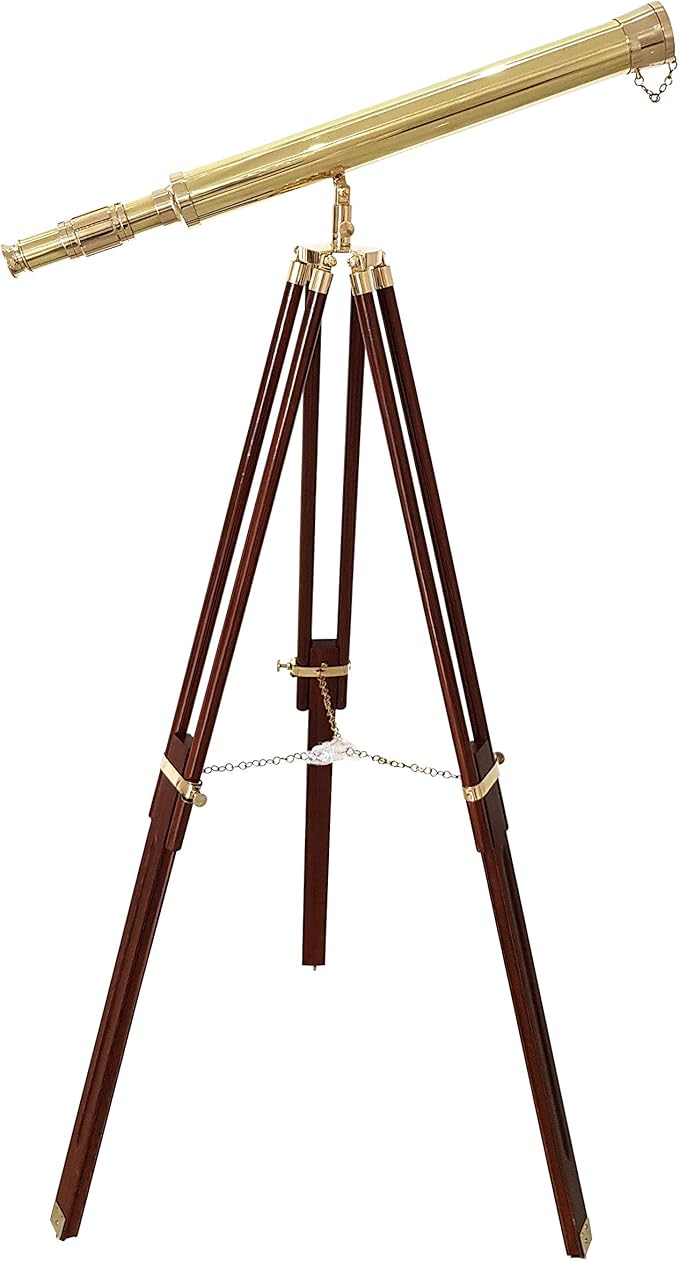 Shiny Brass Nautical Telescope with Wooden Tripod – Vintage Spyglass in Golden & Brown Finish for Home Office Decor, Collector Display & Maritime Gift
