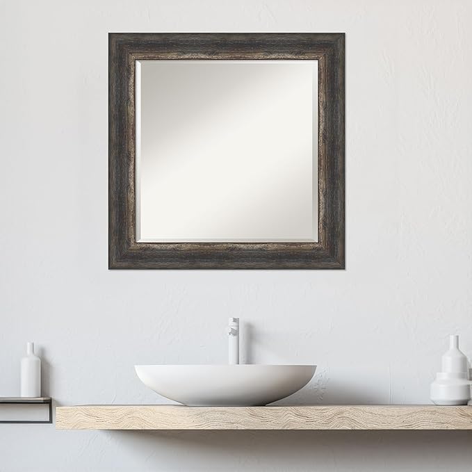 Amanti Art Brown Bathroom Mirror for Over Sink, 25x25 Bark Rustic Char Square Vanity Mirror, Medium Country Rustic Frame, Hangs Horizonally and Vertically, Bathroom Wall Decor, Beveled Edge