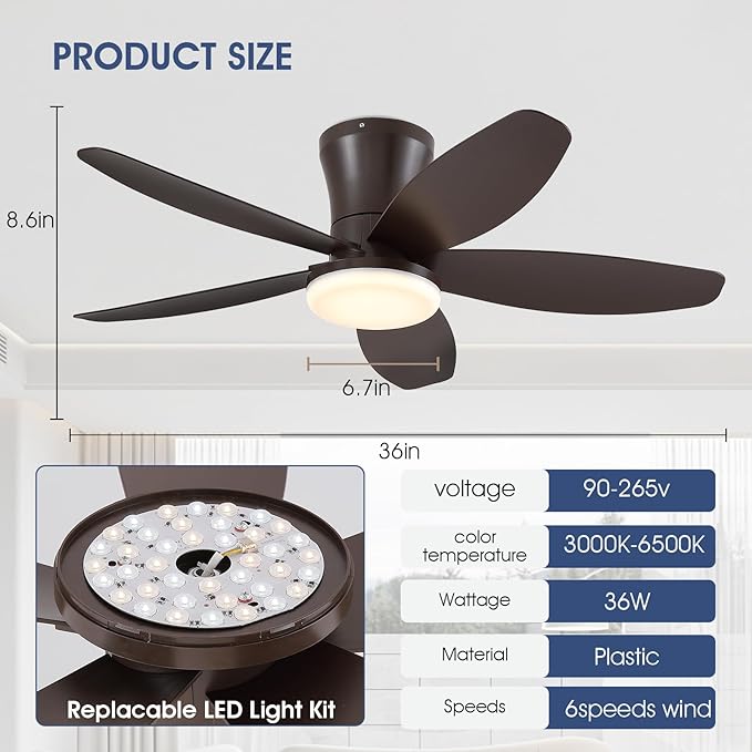 36IN Ceiling Fans with Light and Remote/APP Control, 5-Blade Reversible Motor Ceiling Fan, 3-Color Dimmable Lighting, All-Brown Finish