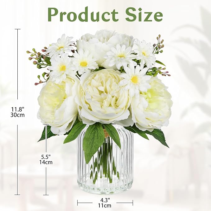 DILATATA Artificial Flowers in Vase White Silk Peony & Daisy Faux Floral Arrangements for Table Centerpieces, Home Office Kitchen Bathroom Decor, Spring Fake Flower Arrangement
