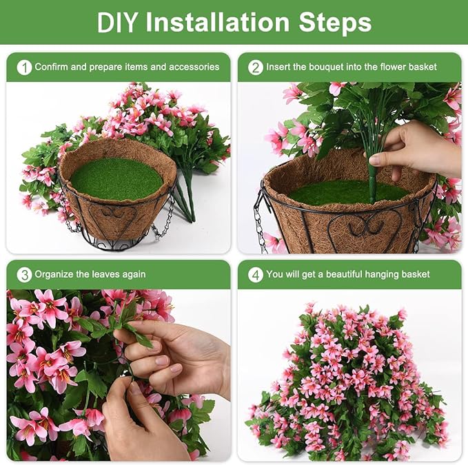 INQCMY Artificial Hanging Flowers in Basket for Spring Summer Patio Garden Decoration,UV Resistant Fake Silk Violet in Planter Realistic for Outside Home Porch Balcony Yard Decor(Pink)