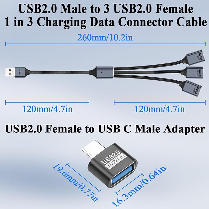 QIANRENON 3 in 1 USB 2.0 Extension Cable 1 in 3 USB 2.0 Male to 3 Female Splitter Cable, 480Mbps 5V3A, with A to C Adapter Extend to Type C Male to 3 USB Female C-able, for Charging Data Transfer OTG