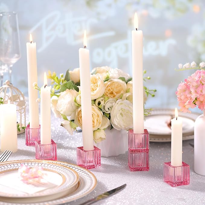 LETINE Elegant 12pcs Pink Striped Taper Candle Holders - Perfect Candle Stick Holder Decor for Tablescapes, Wedding Centerpieces, Church Christmas Displays, Birthday Dinners & Thanksgiving.