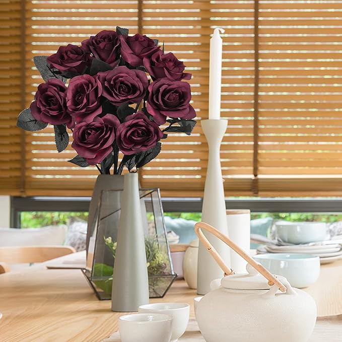 Artflower 10 Pack Artificial Silk Roses Bouquet with Long Stem, 16'' Wine Red Rose Lifelike Fake Rose Flowers for Christmas Wedding Birthday Party Table Centerpieces Decor