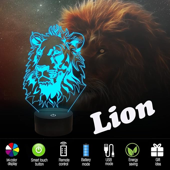 FULLOSUN Lion Night Light, King Lion Gift 3D Illusion Lamp for Kids Bedside Lamp with Remote Control 16 Color Changing Xmas Halloween Birthday Gift Cool Room Decor for Child Baby Boy