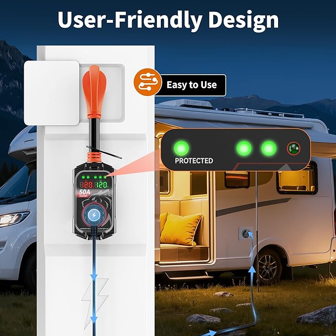 Vehiker 50 Amp RV Surge Protector, Industry-Leading 18000 Joules Power Guard, Circuit Analyzer with Real-Time Dual Voltage Display, Waterproof Cover, Ergonomic Handle, Heavy Duty RV Accessories