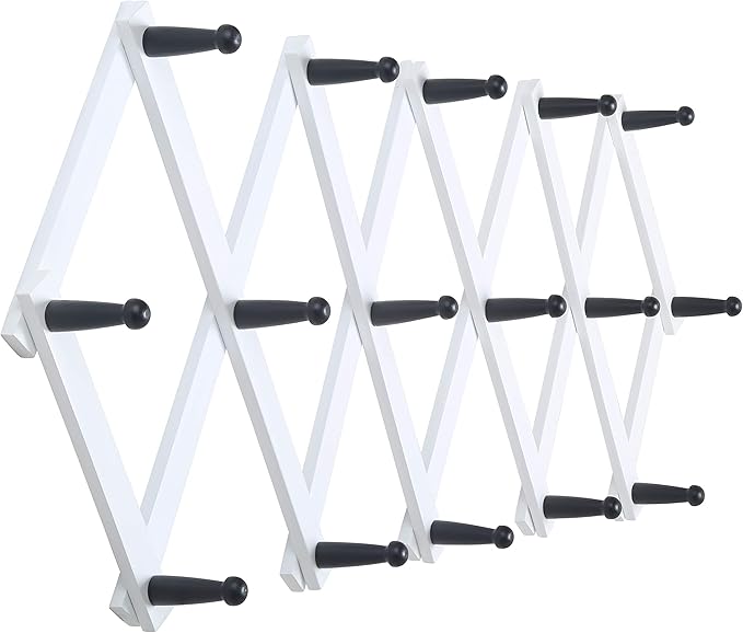 WEBI Accordion Wall Hanger,Expandable Wooden Coat Rack Wall Mounted,Accordion Hat Rack for Wall,Accordion Hook Rack for Hats,Caps,16 Peg Hooks,Black on White