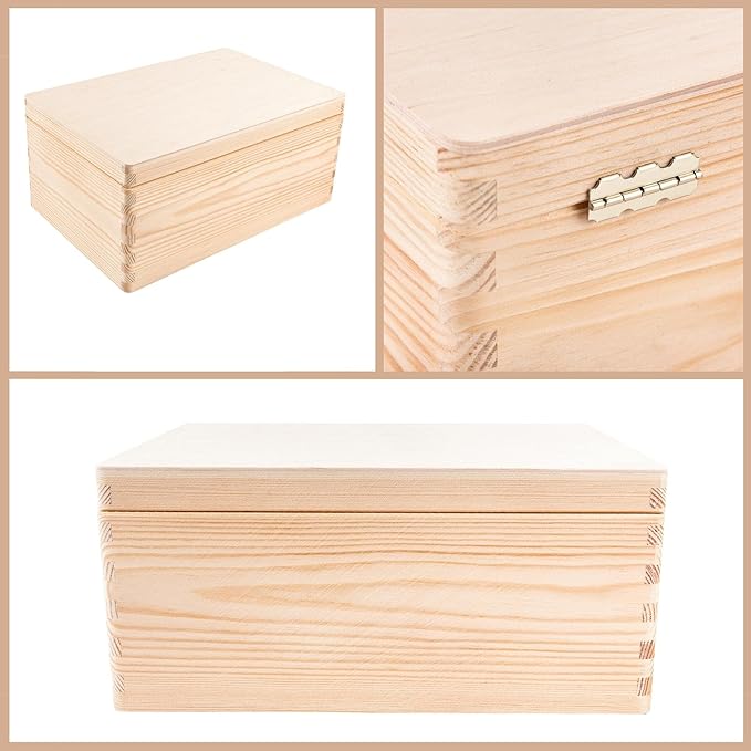 Large Wooden Storage Box with Hinged Lid | 11.8 x 7.87 x 5.51 inches (+-0.5) | Plain Unpainted Gift Box for Tool Toy Shoes Crafts Clothes Jewelry | ROUGH & UNSANDED Wood Keepsake Chest