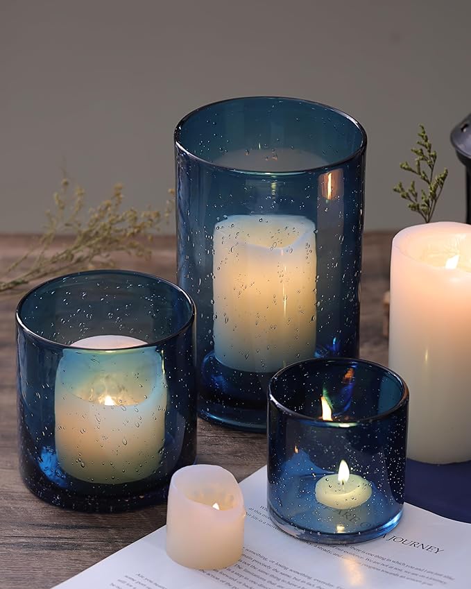 Hurricane Candle Holder Set of 3 Blue Candle Holders for Pillar Candles, Seeded Bubbles Glass Candle Holder, Blue Glass Cylinder Vases for Table Centerpieces, Home, Patio and Wedding 8" 4.7" 3.5"