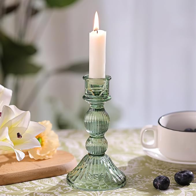 DARJEN 2 Pcs Green Candlestick Holders - Vertical Stripe Glass Candle Holders for Taper and Votive Candles, Taper Candle Holder for Home, Wedding, Decor & Table Centerpieces