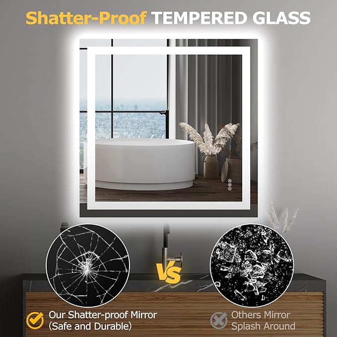 36X36 LED Bathroom Mirror with Lights, Anti-Fog, Dimmable, Backlit + Front Lit, Smart Bathroom Vanity Mirror, Memory Function, Shatterproof, Tempered Glass (Horizontal/Vertical)
