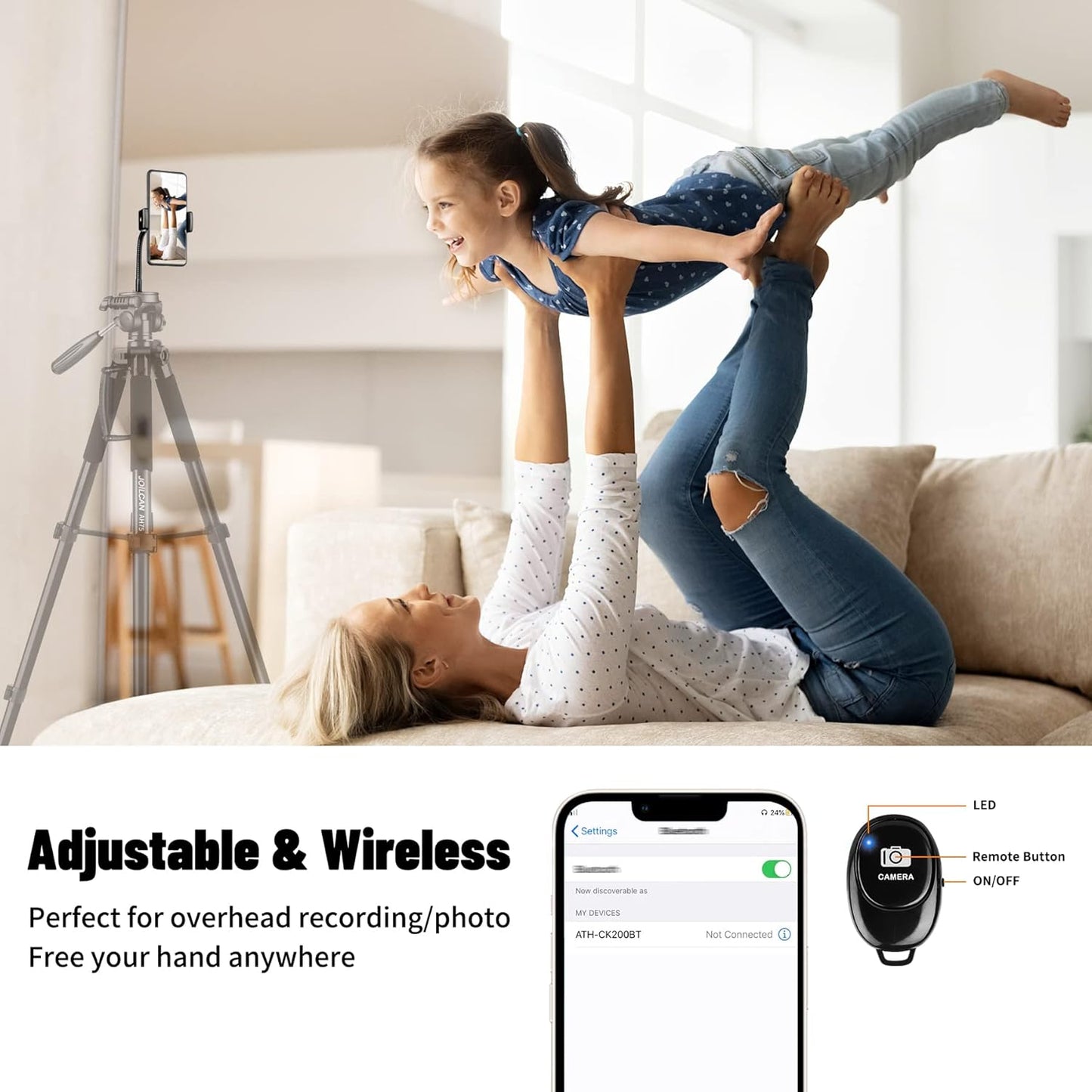 Phone Tripod Mount Adapter with Adjustable Gooseneck and Remote, Flexible Arm Universal Cell Phone Holder for Recording