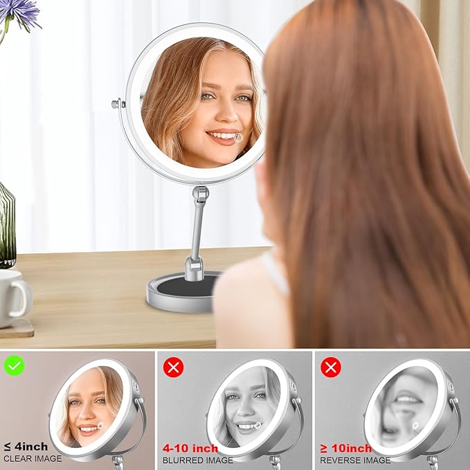 Large Lighted Makeup Mirror, Height Adjustable 8" Rechargeable Foldable Mirrors, 1X/10X Double Sided 3 Color Dimmable Magnifying Mirror, 360° Swivel Touch Screen Tabletop Standing Mirror, Chrome