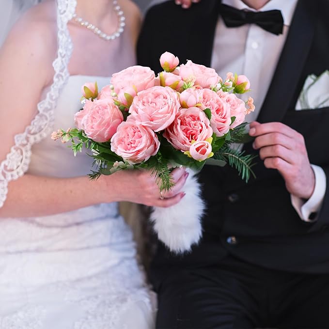 Geosar 8 Bundles Artificial Peonies Flowers Fake Silk Peony Bouquet Faux Peonies Flowers Bulk for Decoration Vase Floral Arrangements Wedding Party Table (Pink)