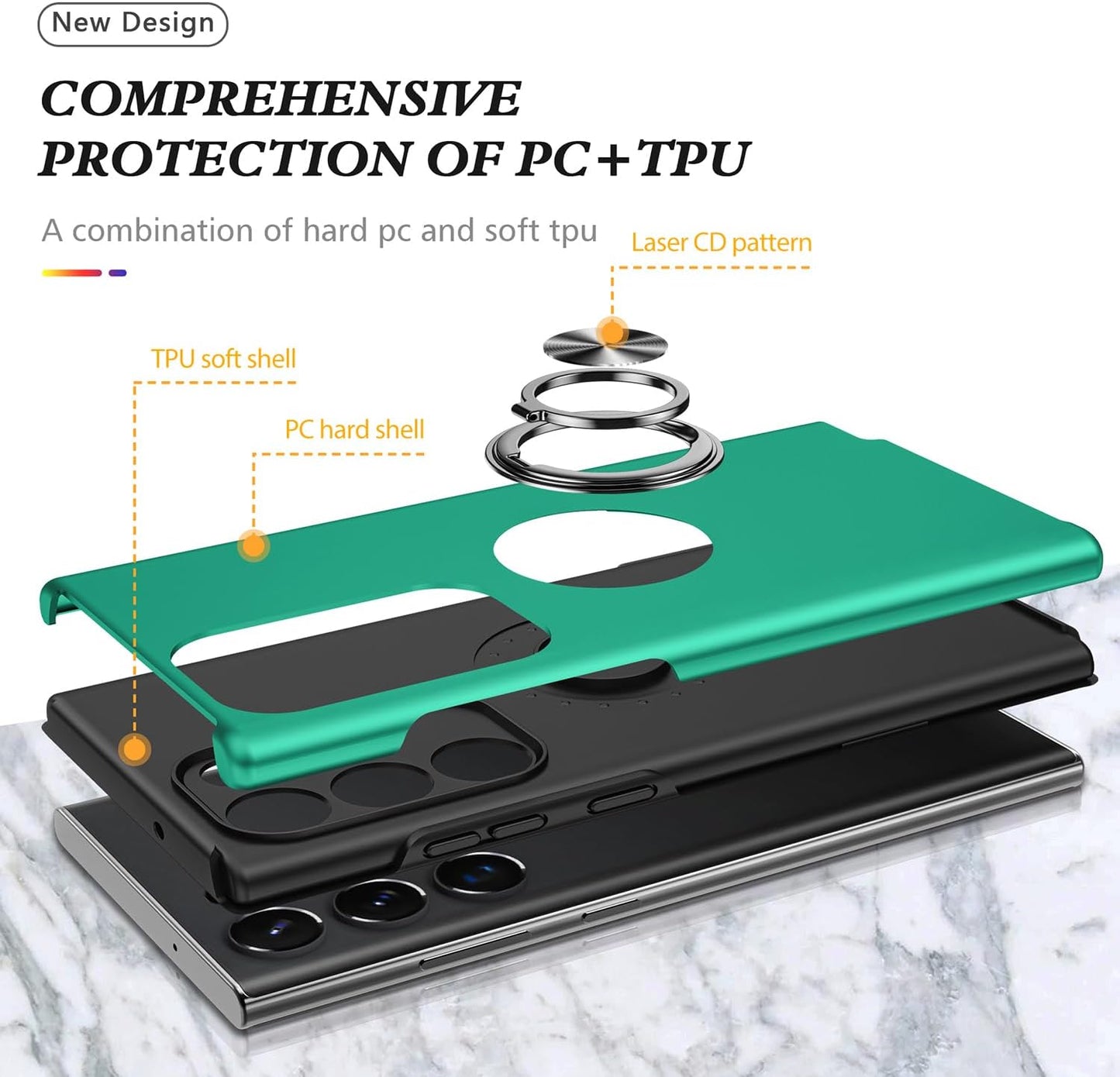 Galaxy S24 Ultra Case, Military Grade Shockproof Protective Case with Built-in Ring Holder Kickstand (Dark Green)