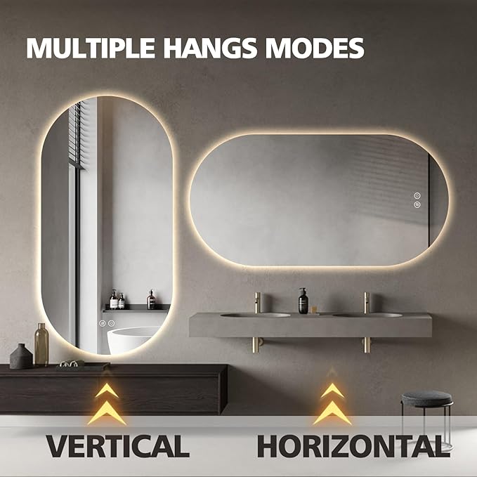 55"x28" Oval Led Bathroom Mirror with Lights, Frameless Backlit Vanity Mirror for Wall, Anti Fog Smart Mirror with 3 Colors Stepless Dimmable, Waterproof, Explosion-Proof, Vertical/Horizontal