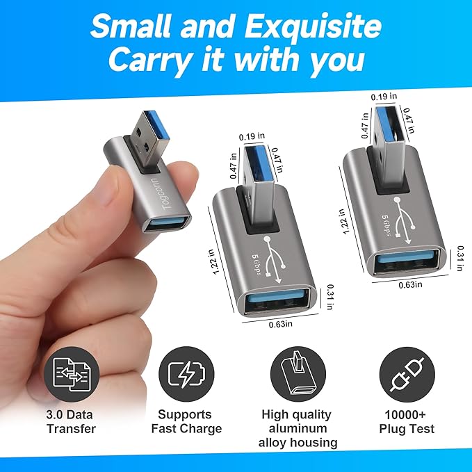 90 Degree USB 3.0 Adapter 4 Pack, Middle Left and Right Angle USB A Male to Female Connector Converter USB L Shape Extender, Support Charge & Data Sync for PC, Laptop, Mouse, Keyboard, USB A Charger