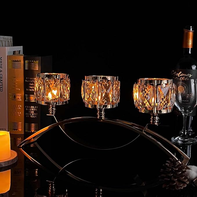 3 Arms Crystal Candle Holders, Arch Candlestick Table Candelabras Centerpieces for Wedding, Dinning Room, Cabinet Ornaments, Home Decoration, Gift (3-arm Arched, Gold)