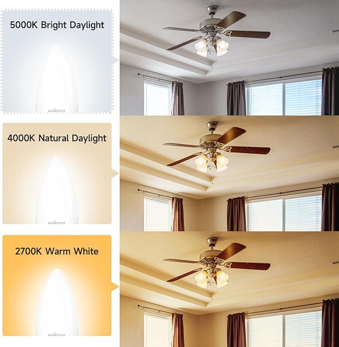 SHINESTAR E12 LED Candelabra Light Bulbs 40 Watt Equivalent, 5000K Daylight White 550 Lumen Chandelier Bulb, 6W B11 Candle Small Base Ceiling Fan Light Bulbs, Non-Dimmable, Pack of 3